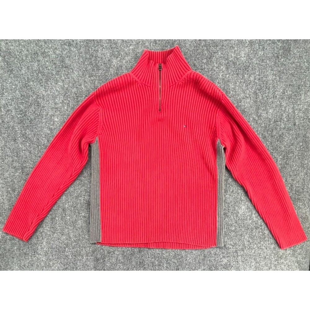 Tommy Hilfiger Y2K Red Ribbed Quarter Zip Sweater Gray Heavy Colorblock Cotton